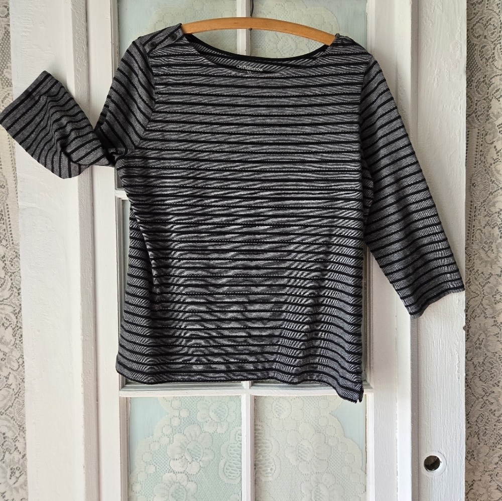 Croft & Barrow Gray Black Striped Button Shoulder 3/4 Sleeve Top XL